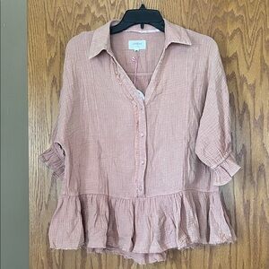 Umgee tan Ruffle Button-Front Blouse